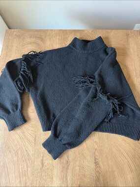 Black Fringe Mock Neck Sweater - Women's Cowl & Turtleneck